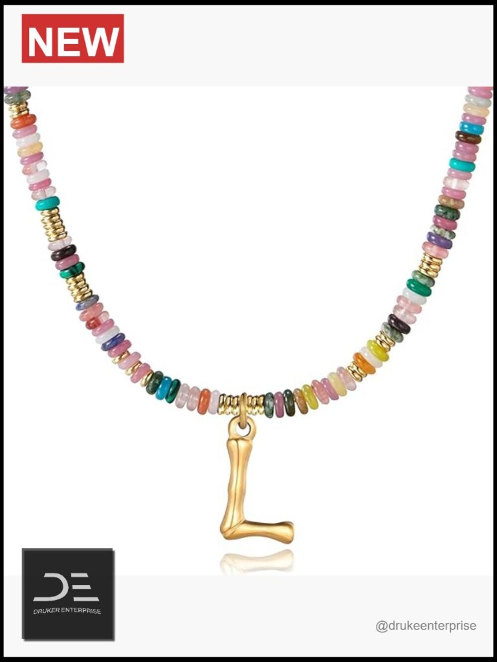 Initial Choker Necklace Handmade Gemstone Bamboo Letter Pendant 14K Gold Plated